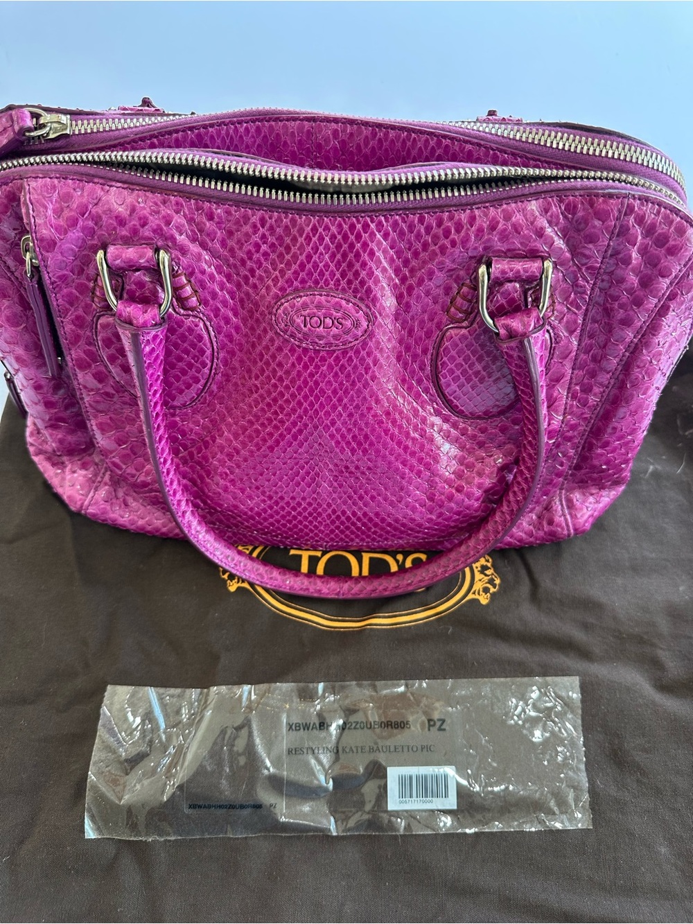 TOD'S Fuchsia Genuine Python  Satchel with Gold Hardware